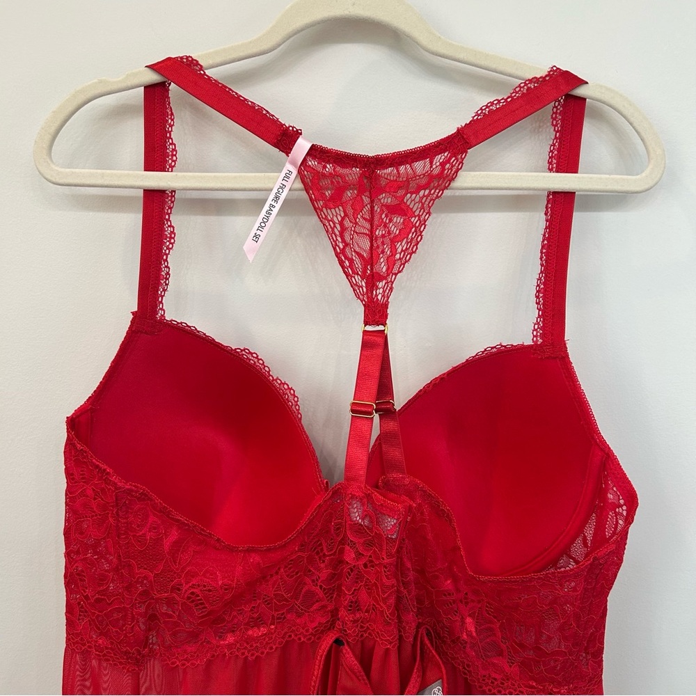 NWOT Daisy Fuentes Red Lace Push Up Babydoll Negligee Thong Panty Set 1X - Picture 4 of 10